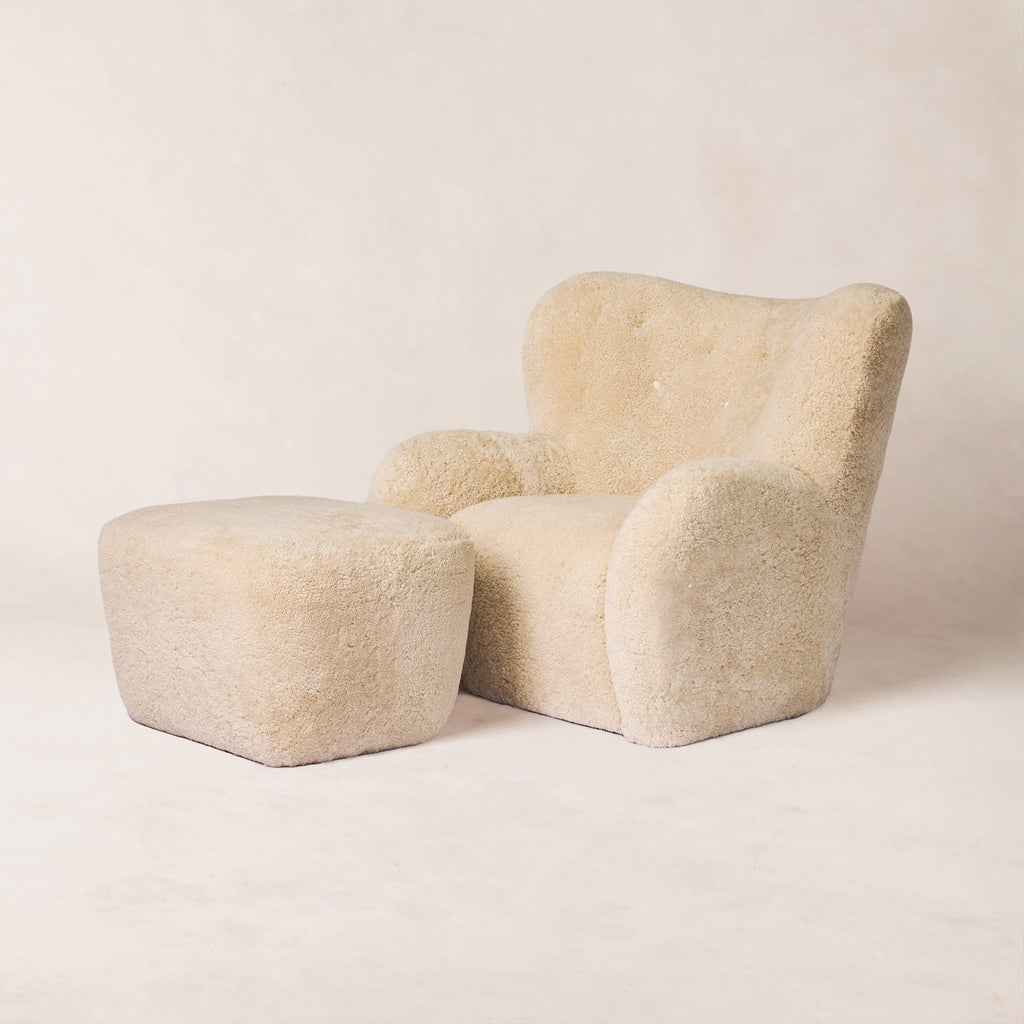 Papa Teddy Ottoman - Bone Shearling